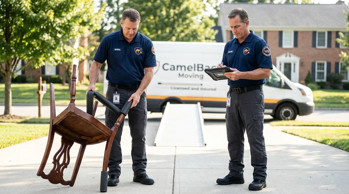 Movers inspecting furniture for damage prevention before loading in Biglerville, PA